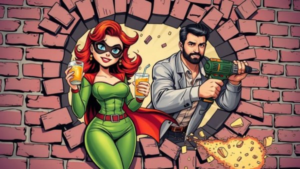 Fix Supergirl concept with superhero and man breaking through wall.