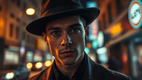 Stylish person in a dark hat at night, vibrant street scene.