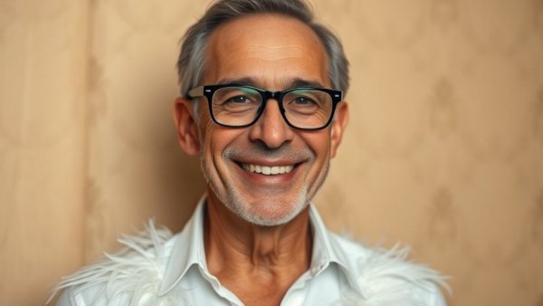 Smiling man with glasses, white shirt against a beige backdrop.