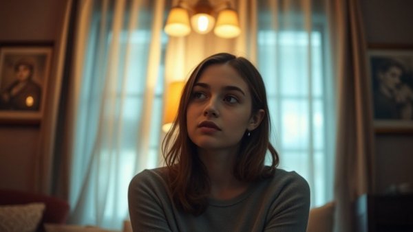 Young woman in a thoughtful pose indoors, cinematic scene.