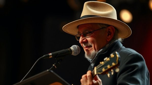 Musician performing on stage, referencing 'The Lonesome Death of Hattie Carroll'.
