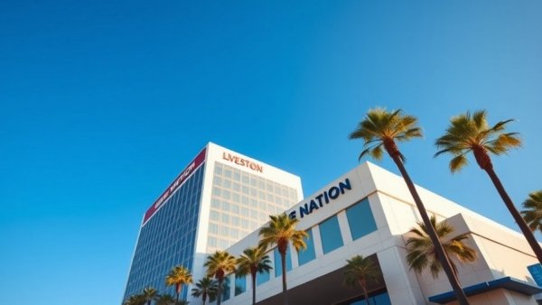 Live Nation monopoly verdict: corporate building with sign and palm trees.