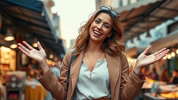 Lively woman expressing joy in an urban market setting, setting the stage for the star you wanna be.