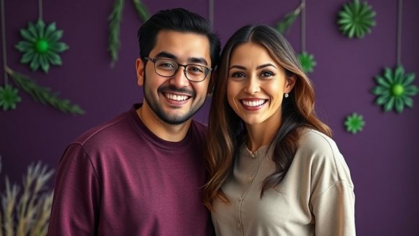 Smiling pair standing together in front of a decorative background.