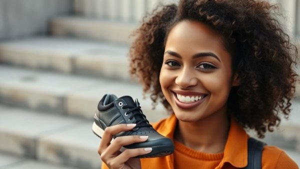 Jennifer Hudson smiling and holding a shoe outdoors, urban background.