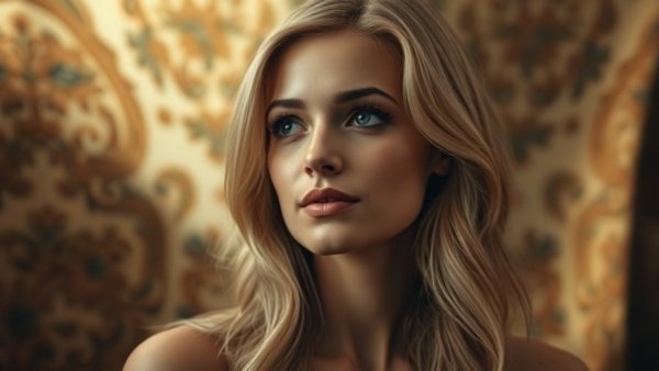 Blonde woman with soft expression, ornate background, warm lighting.