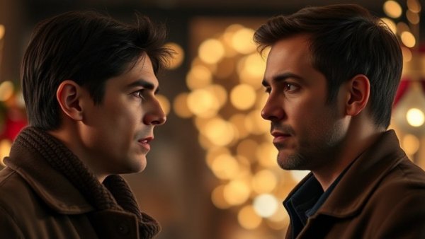 Engaged individuals discussing with bokeh lights.