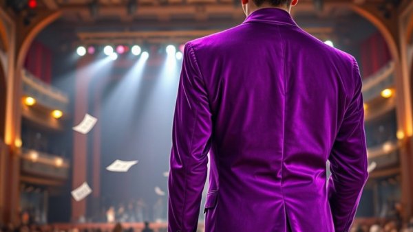 Vibrant purple velvet jacket, symbolizing Prince's Legacy, on a concert stage.