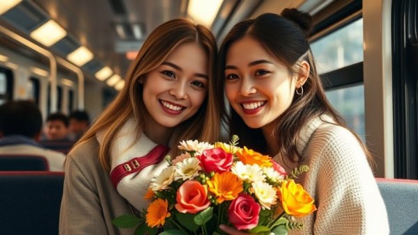 Love on the Spectrum Breakup News: Two friends smiling on a train with flowers.