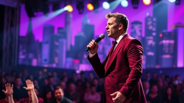 Michael Winslow's Voice Talent performing on stage in a burgundy suit.