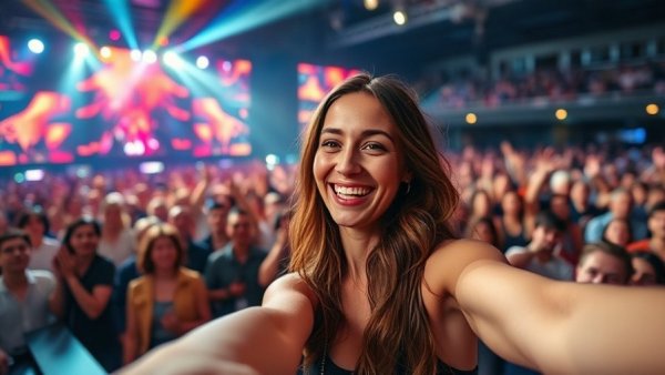 Smiling woman at #AmericanIdol Live Show with crowd in background.