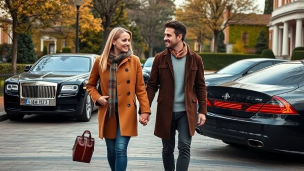 Couple walking hand in hand near luxury cars, Dr. Dre and Michelle Saniei dating.