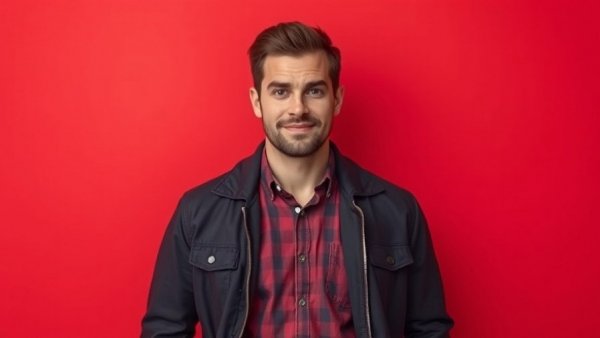 Confident man in casual attire with red background related to Dunkirk streaming Peacock.