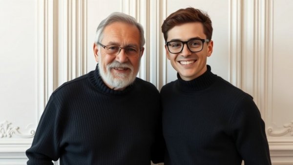 Older man and young man standing together smiling, ornate background.
