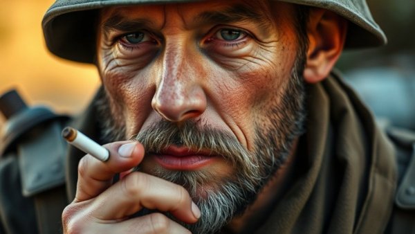 World War II soldier with face paint and helmet, Band of Brothers 25th anniversary.