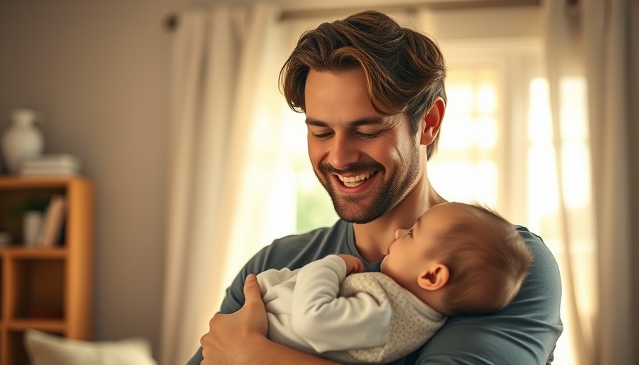 Joyful man holding baby in warm interior, Lexi Jones music career.