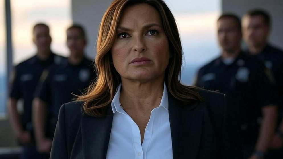 Olivia Benson's haunting case, confident woman in blue blazer with blurred team.