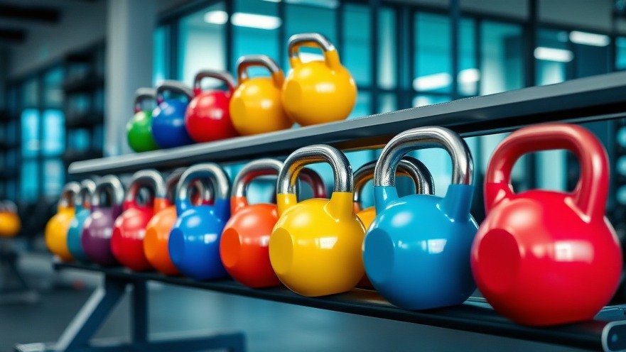 A vibrant gym with colorful kettlebells showcasing sporty chic style and affordable fashion trends.