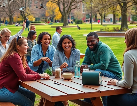 enthusiastic community engagement, participants smiling, interacting, photorealistic, outdoor park setting with picnic tables and green lawns, highly detailed, birds flying, crisp focus, vibrant colors, natural daylight, shot with a 35mm lens