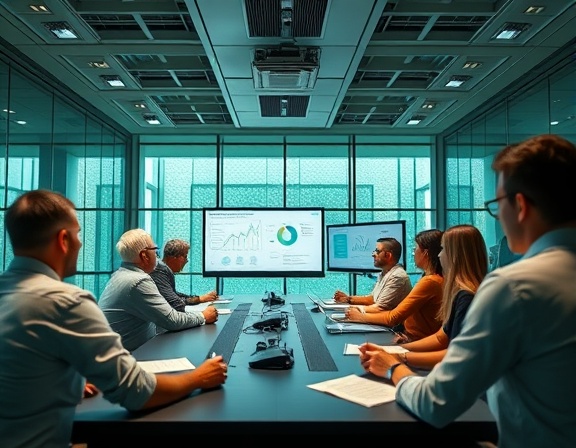 organized meetings structure, attentive expression, planning strategic goals, photorealistic, large conference room with glass walls, highly detailed, charts and projectors, 8K resolution, calm green, ambient lighting, shot with a 35mm lens