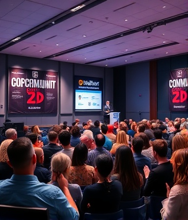 dynamic community forum, speakers addressing the audience, presenting, photorealistic, modern conference hall with banners and name tags, highly detailed, audience clapping, high resolution, cool color scheme, spot lighting on stage, shot with a 70-200mm lens