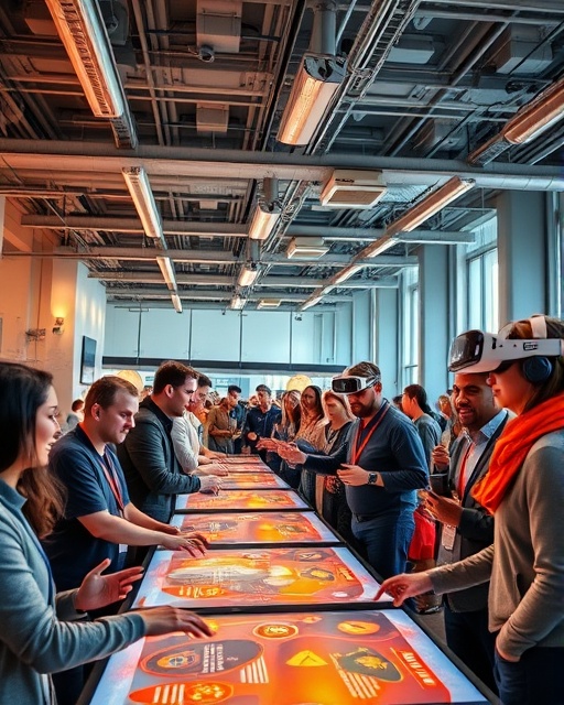dynamic tech gathering, enthusiastic expression, engaging in interactive workshops, photorealistic, open space with futuristic design, highly detailed, touch tables and VR headsets, HDR quality, vibrant orange and gray, soft overhead lighting, shot with a 50mm lens