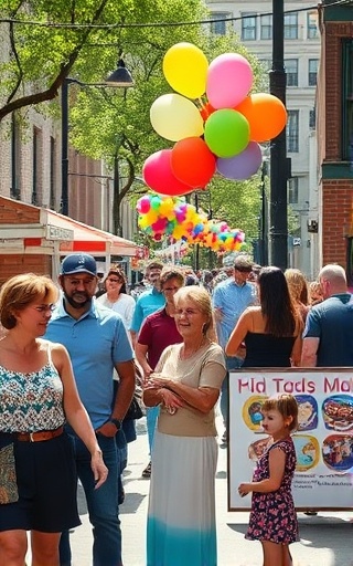 cheerful community gathering, families and friends enjoying, mingling, photorealistic, neighborhood street fair with food stalls and colorful balloons, highly detailed, children playing, vibrant contrast, festive colors, sunny lighting, shot with a 24mm lens