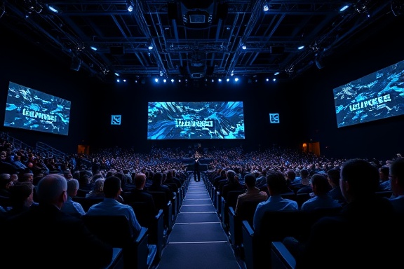 innovative tech conference, inspired expression, presenting groundbreaking ideas, photorealistic, auditorium with high-tech decor, highly detailed, LED screens and dynamic lighting, 16K resolution, sleek black and electric blue, spotlighting, shot with an 85mm lens