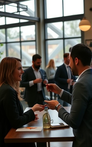 engaged community networking, professionals exchanging business cards, communicating, photorealistic, co-working space with creative decor and large windows, highly detailed, coffee steam rising, detailed textures, neutral colors, soft evening light, shot with a 85mm lens