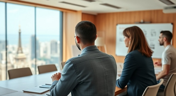 efficient structure meeting, contemplative expression, reviewing project timelines, photorealistic, boardroom with panoramic city view, highly detailed, whiteboards and digital notes, 4K quality, warm wood tones, daylight, shot with a 28mm lens