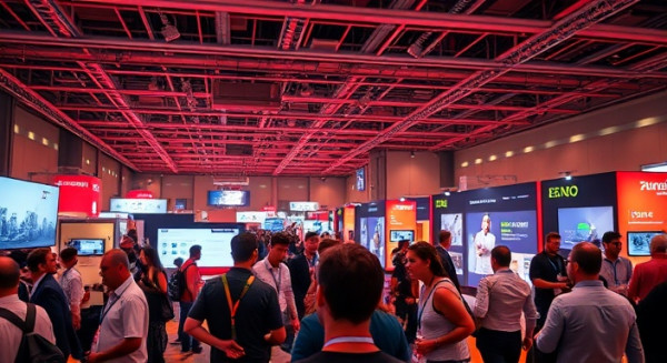 progressive tech conference, excited expression, network exchange, photorealistic, large exhibition hall with interactive booths, highly detailed, digital banners and augmented reality showcases, ultraclear precision, rich red and ivory, diffused lighting, shot with a 100mm lens