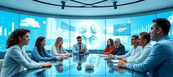 diverse group in a virtual conference, engaged expressions, collaborating on a project, photorealistic, futuristic conference room with panoramic digital displays, highly detailed, motion blur from gesture interactions, crisp definition, cool blue and white color scheme, soft ambient lighting, shot with a 35mm camera lens.