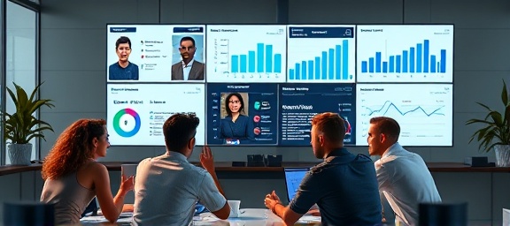 energetic team virtual call, animated expressions, brainstorming innovative ideas, photorealistic, modern virtual workspace with interconnected video panels and charts, highly detailed, virtual whiteboard updates, high resolution, vibrant colors, indirect LED lighting, shot with an 85mm camera lens.