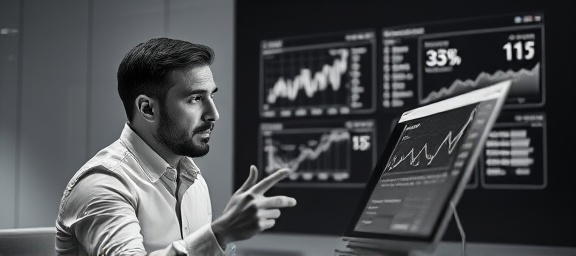 professional virtual collaboration, attentive expressions, presenting analytical data, photorealistic, sleek minimalist background with dynamic data visualizations, highly detailed, transient notification pop-ups, sharp detail, monochrome color palette, directional side lighting, shot with a 24mm camera lens.