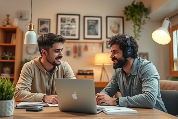 casual virtual meeting, relaxed expressions, sharing creative concepts, photorealistic, home office background with personal decorations and digital notepads, highly detailed, ambient sound waves visualized, intricate textures, pastel color scheme, warm desk lamp lighting, shot with a 105mm camera lens.