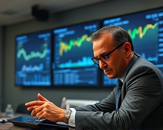 focused virtual conference, serious expressions, analyzing financial reports, photorealistic, corporate virtual environment with wall-mounted displays and finance graphs, highly detailed, data charts updating in real-time, crisp focus, neutral color tones, spotlight illumination, shot with a 70-200mm camera lens.