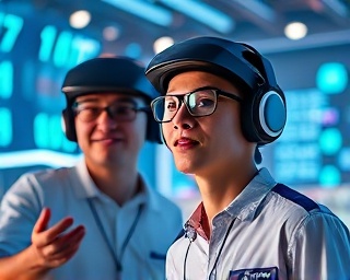 innovative virtual collaboration, curious expressions, exploring new technology solutions, photorealistic, tech-driven virtual space with augmented reality projections, highly detailed, interactive 3D models rotation, high depth of field, vivid colors, halo lighting, shot with a 28mm camera lens.