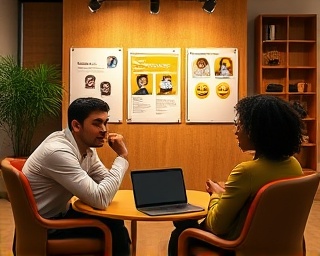 dynamic virtual meeting, interactive gestures, pursuing marketing campaigns, photorealistic, creative studio background with mood boards and digital marketing tools, highly detailed, animated emoji reactions, sharp imaging, earthy tones, ring light effects, shot with a 40mm camera lens.