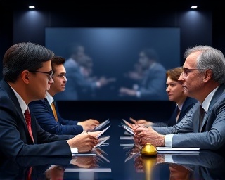 formal virtual conference call, attentive expressions, addressing leadership challenges, photorealistic, executive board virtual setting with strategic planning tools, highly detailed, realistic facial animations, high fidelity, deep blues and gold accents, ambient side lighting, shot with a 90mm macro camera lens.