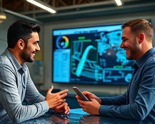 collaborative virtual meeting, enthusiastic expressions, solving technical problems, photorealistic, engineering virtual lab with holographic schematics and interactive simulations, highly detailed, real-time sensor data updates, precise clarity, metallic hues, direct task lighting, shot with a 55mm camera lens.