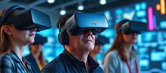 modern technology advancements, focused expression, collaborating with a team, photorealistic, spacious conference room with digital screens, highly detailed, virtual reality headsets in use, 8k, metallic and neon, soft ambient lighting, shot with a 35mm lens.