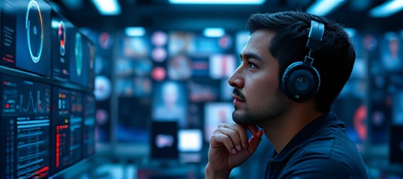 innovative technology integration, thoughtful expression, analyzing data, photorealistic, sleek tech lab with glowing monitors, highly detailed, AI interfaces and holograms, ultra high definition, chrome and black, diffused lighting, shot with a macro lens.