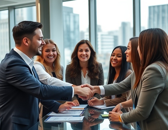 dynamic network partnership, supportive expression, negotiating, photorealistic, corporate office with city view, highly detailed, group of diverse professionals, high resolution, neutral tones, natural daylight, shot with a 35mm lens.