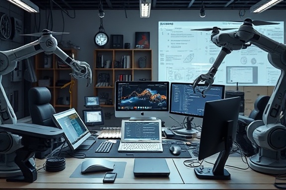 cutting-edge technology solutions, inspired expression, developing a project, photorealistic, futuristic workstation surrounded by smart devices, highly detailed, robotic arms and drones, 8k clarity, monochrome with splashes of color, backlit lighting, shot with an 85mm lens.