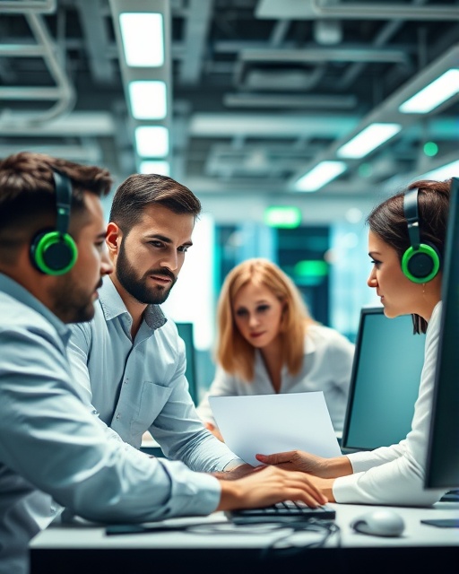 efficient network team, determined expression, brainstorming, photorealistic, open-plan workspace with computers, highly detailed, team members interacting actively, high resolution, white and green tones, soft overhead lighting, shot with a 24mm lens.