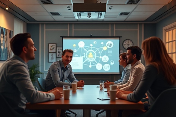 seamless network synergy, harmonious expression, collaborating, photorealistic, cozy meeting room with projectors, highly detailed, individuals connecting through ideas, high resolution, pastel colors, diffused lighting, shot with an 85mm lens.