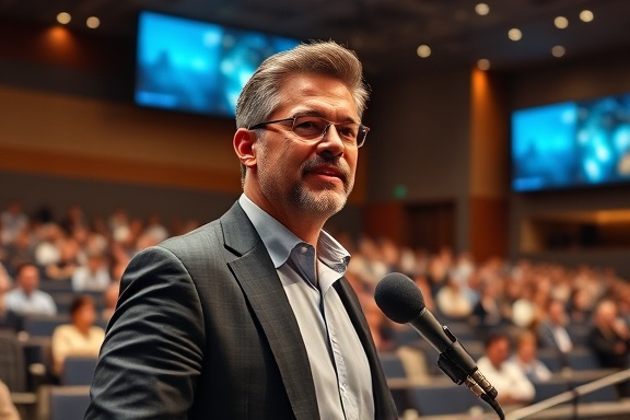 pioneering business innovation, confident expression, leading a seminar, photorealistic, large auditorium with digital projections, highly detailed, microphones and interactive displays, 4k, earth tones and bright highlights, stage lighting, shot with a 70-200mm lens.