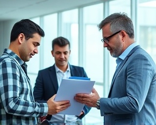 effective network alliance, focused expression, discussing, photorealistic, modern boardroom with glass walls, highly detailed, professionals analyzing data, high resolution, gray and teal colors, bright natural lighting, shot with a 70mm lens.