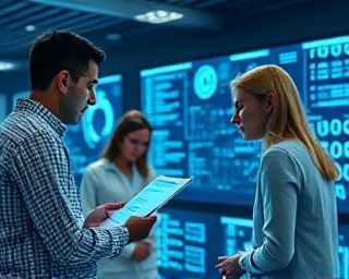 strategic network collaboration, inspired expression, planning, photorealistic, tech-savvy workspace with digital interfaces, highly detailed, innovative thinkers exchanging concepts, high resolution, silver and blue hues, bright LED lighting, shot with a 28mm lens.