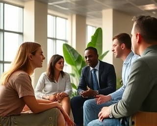 progressive network partnership, inclusive expression, aligning strategies, photorealistic, urban office with green technology, highly detailed, diverse groups in dialogue, high resolution, earth tones, filtered sunlight, shot with a 55mm lens.